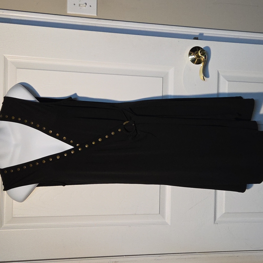 Simon Chang Black Wrap Dress with Plunge Neckline and Bronze Embellishments Sz S